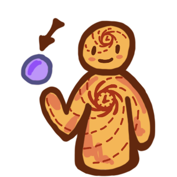 yellow figure with clock on chest and forehead, from the clock come swirling lines that emanate out across the body using dashed lines. Above one arm is a purple ball with an arrow pointing at it.